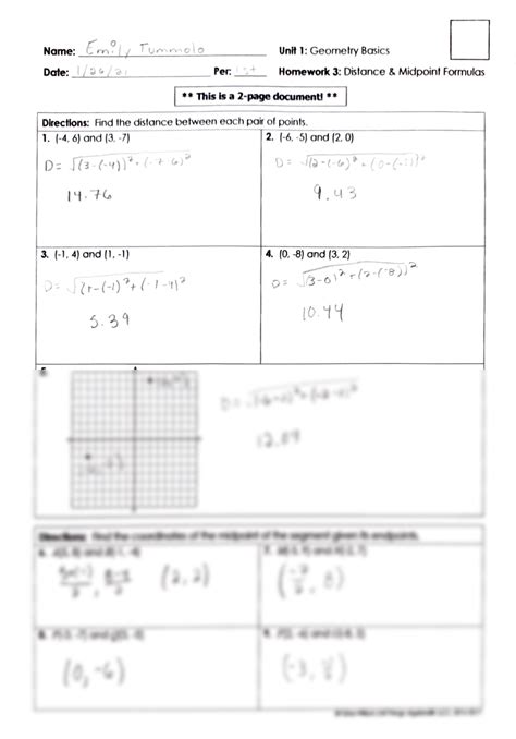 Geometry: Distance Formula and Midpoint Formula, Practice Worksheet #1
